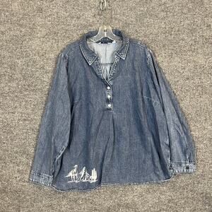 Denim & Company Canyon Retreat Womens Denim Popover Shirt Western Boho Size 2X